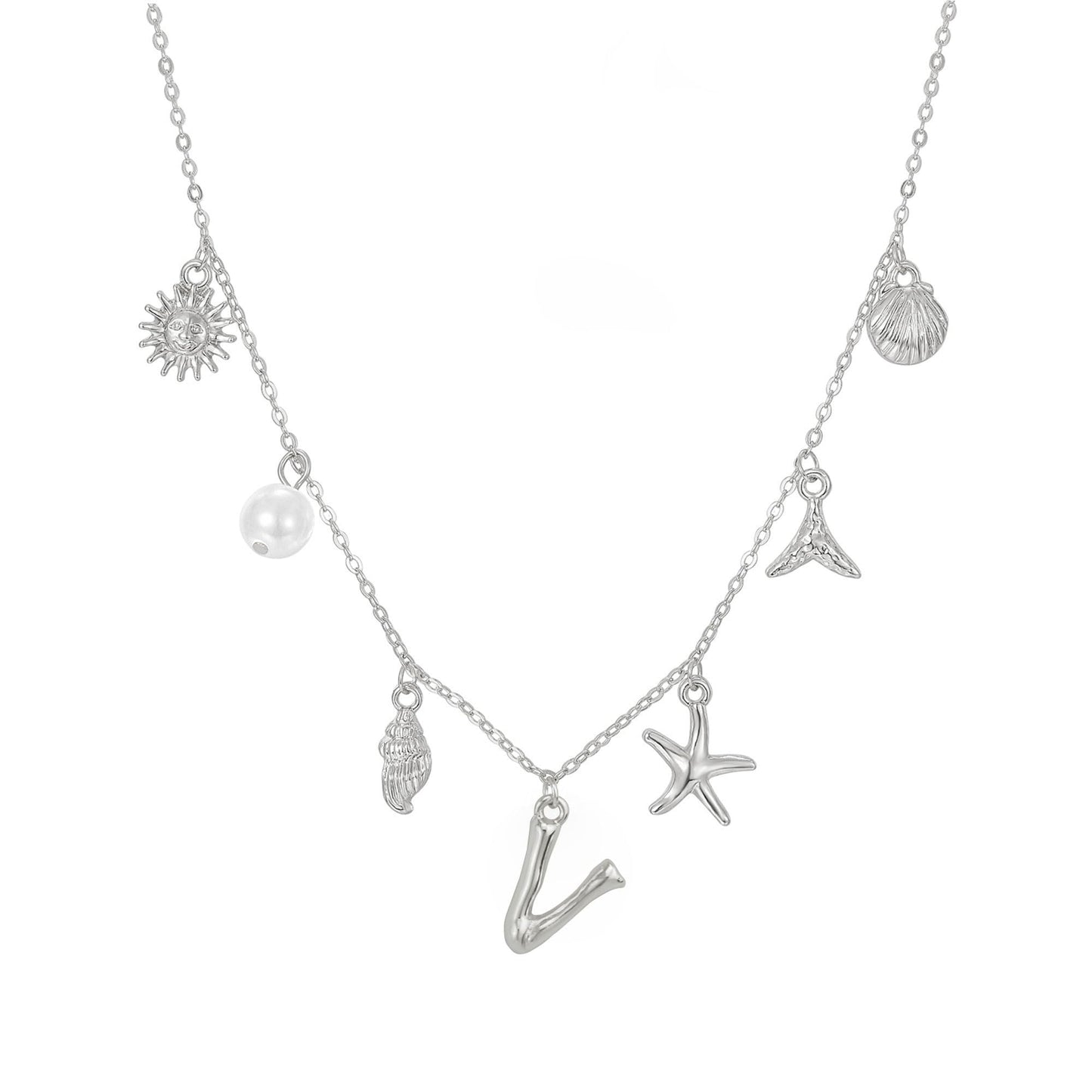 JALZEMPL Initial Charm Necklace For Women Seashell Shell Letter Boho Summer Beach Starfish 14k Gold Plated Silver Pendant Surfer Jewelry Gifts (V,Silver)