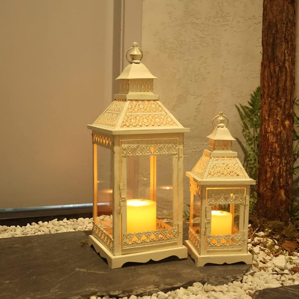 NEEDOMO Lanterns Decorative Outdoor & Indoor, Set of 2 Outdoor Lanterns for Porch,Large Square Candle Lantern, Beige Metal Frame with Glass for Fall, Christmas