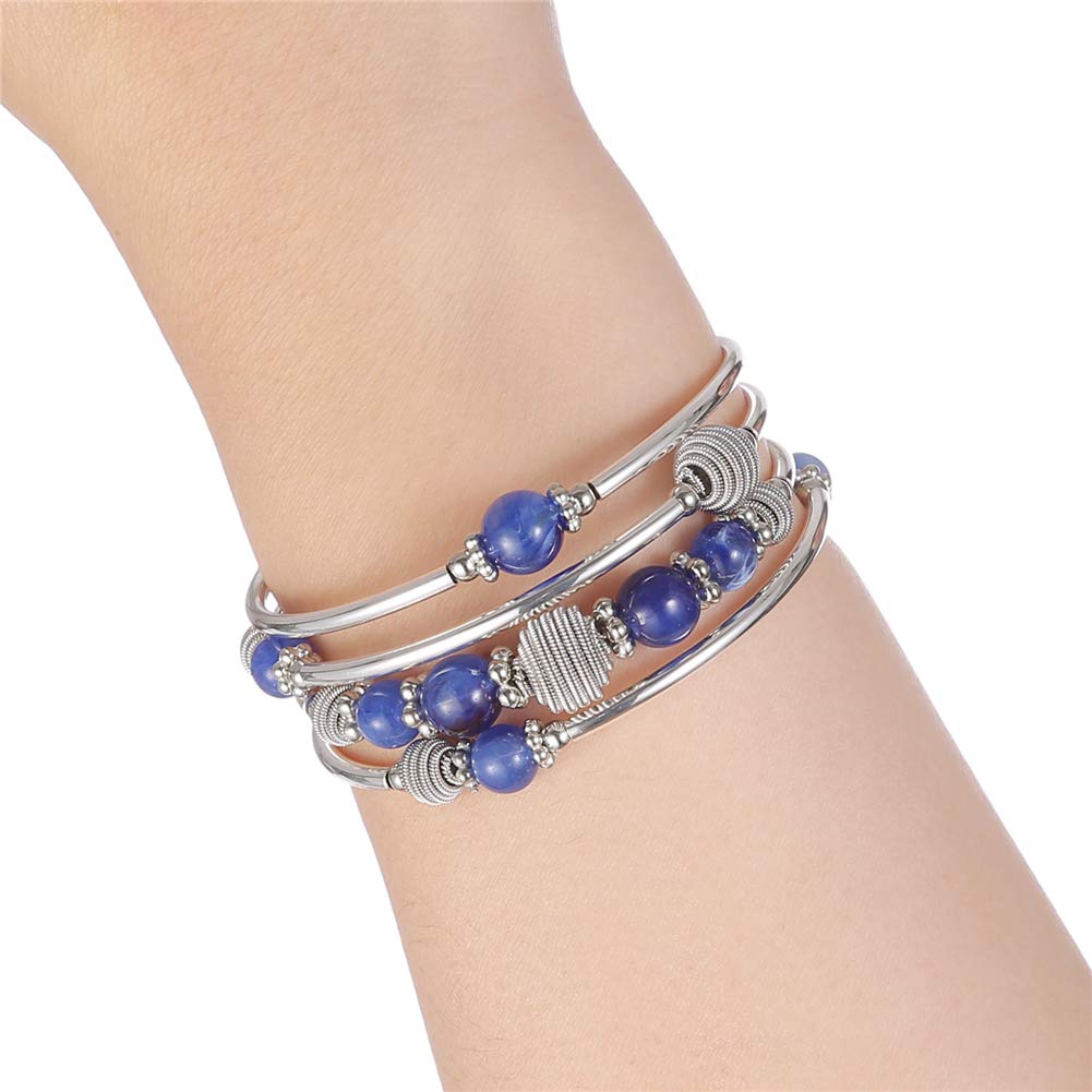PEARL&CLUB Beaded Chakra Bangle Turquoise Bracelet - Fashion Jewelry Wrap Bracelet with Thick Silver Metal and Mala Beads, Birthday Gifts For Women(Blue)