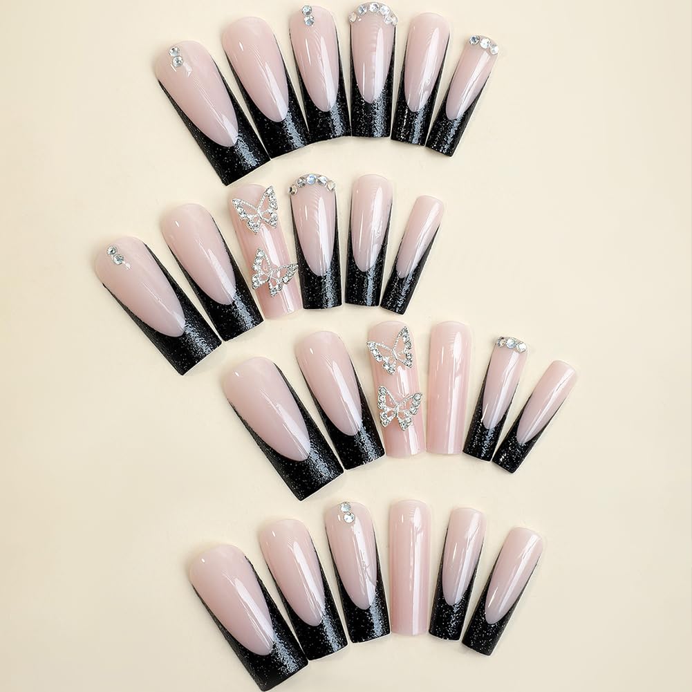 RUPOFUZA Extra Long Press on Nails Black French Tip Glitte Powder Fake False Nails 24Pcs Square with Butterfly Charms Designs Acrylic Nail Press ons Artificial Stick on Nail for Women