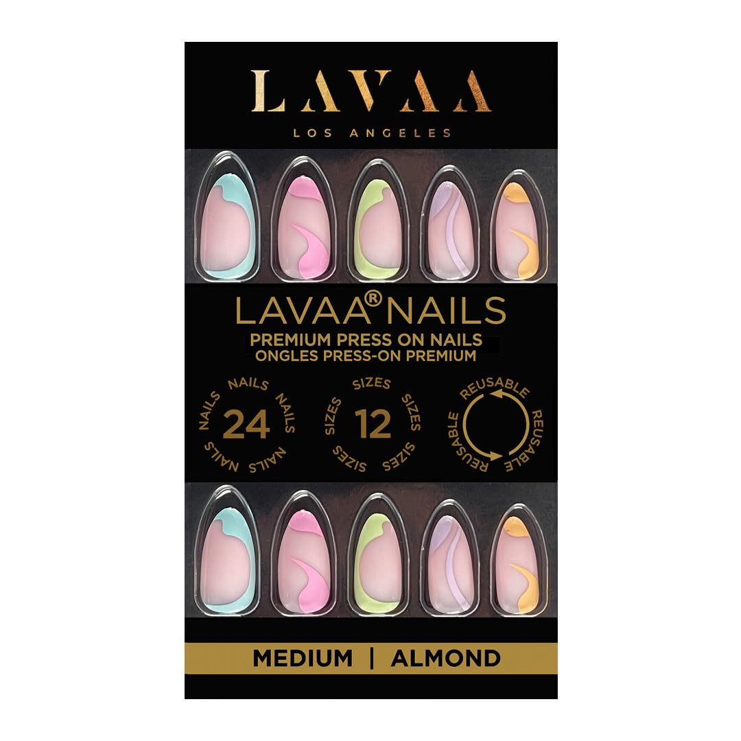 PASTEL DREAMS Press-On Nails by Lavaa Beauty | Medium Almond | Glossy Pastel Color Swirl on Nude Base