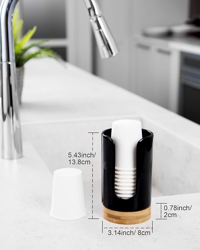 5oz Ceramic Bathroom Cup Dispenser (2nd Generation) Dixie Holder-Disposable Paper Holder for Rinsing Cups on Vanity Countertops (2 Pack, Black) (V15007)
