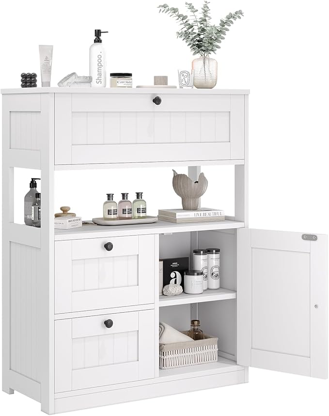 Bathroom Cabinet, Modern Bathroom Floor Storage Cabinet Organizer with 1 Door and 3 Drawers, Freestanding Cupboard for Kitchen/Living Room Use