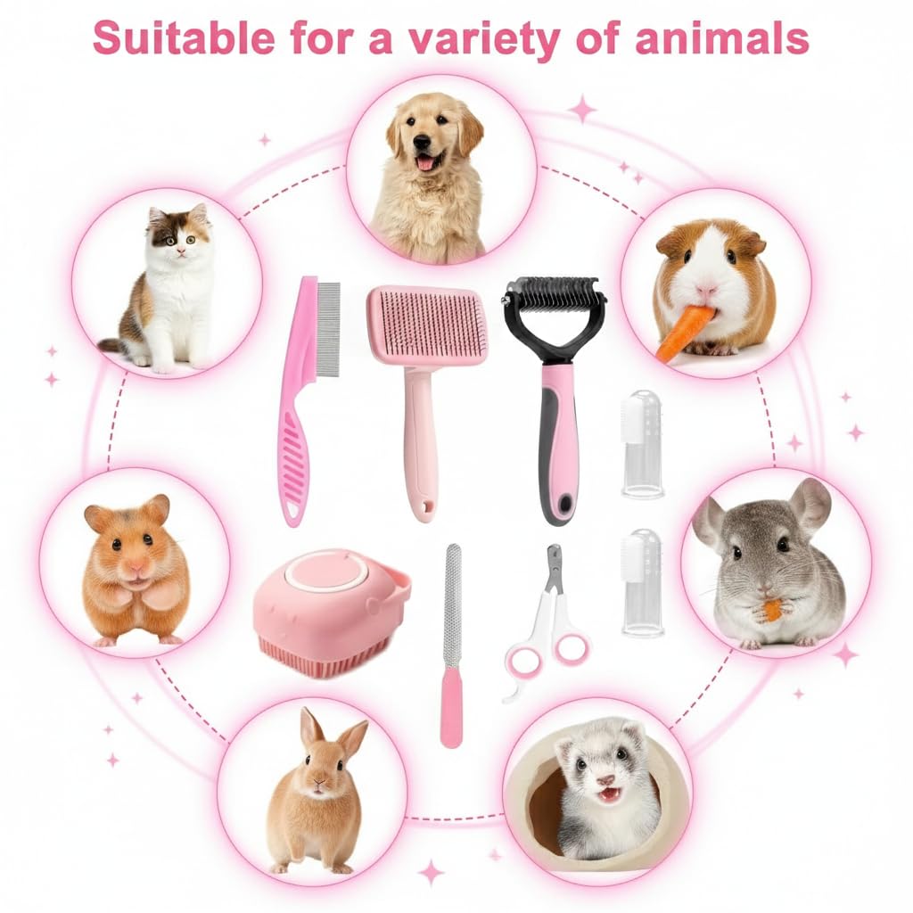 Haminway 8-Piece Dog Grooming Kit – Pink | Pet Brush Set for Shedding, Dematting, Nail Clipping & Bathing | Ideal for Small & Medium Dogs