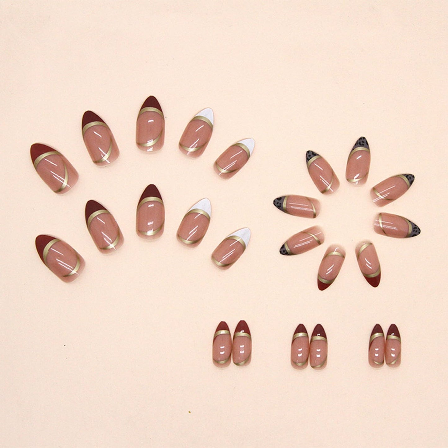 Short Almond Press on Nails Gold Line Fake Nails Glossy Red French Tip Artificial Acrylic Nails Leopard Stick on False Nails Glue on Nails 24 pcs