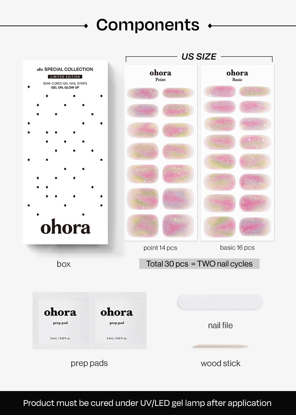 ohora Semi Cured Gel Nail Strips (N Rainbow Bomb) - Rainbow, Ombre, Works with Any UV/LED Lamps, Salon-Quality, Long Lasting, Easy to Apply & Remove - Includes 2 Prep Pads, Nail File & Wooden Stick