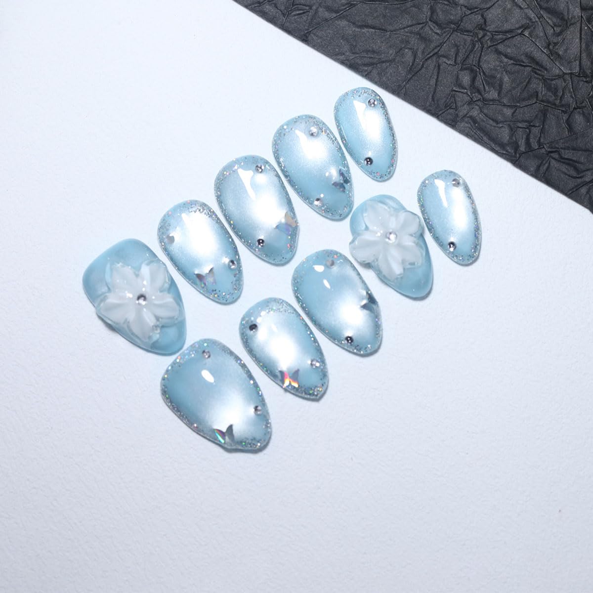 10 Pcs Short Almond Handmade Press On Nails | Sky Blue Cat Eye with 3D Floral & Rhinestone Accents | Reusable, Easy to Apply & Remove, Salon-Quality Manicure (RR16, M)