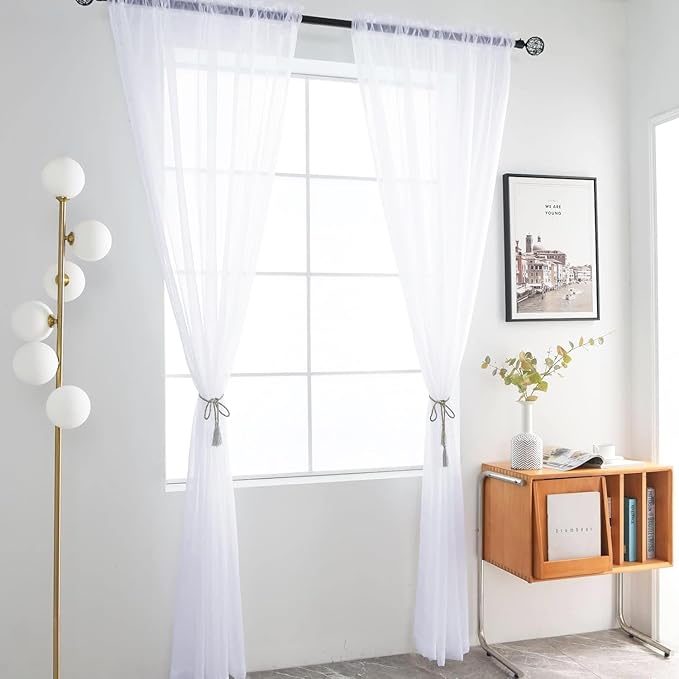 SpaceDresser Sheer Voile Window Treatment Rod Pocket Curtain Panels for Kitchen Bedroom Living Room Drapes Sunlight Filtering Privacy Semi Home Decor Assorted Colors Sizes (Optical White, 52 W x 90 L)