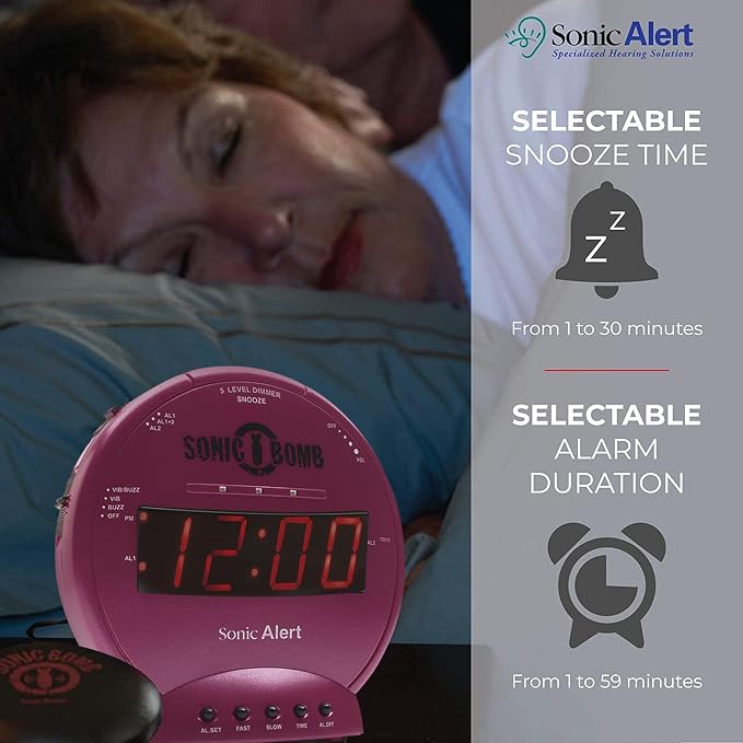 Sonic Alert Sonic Bomb Dual Alarm Clock with Bed Shaker, Pink Vibrating Alarm Clock for Heavy Sleepers, Battery Backup | Wake with a Shake