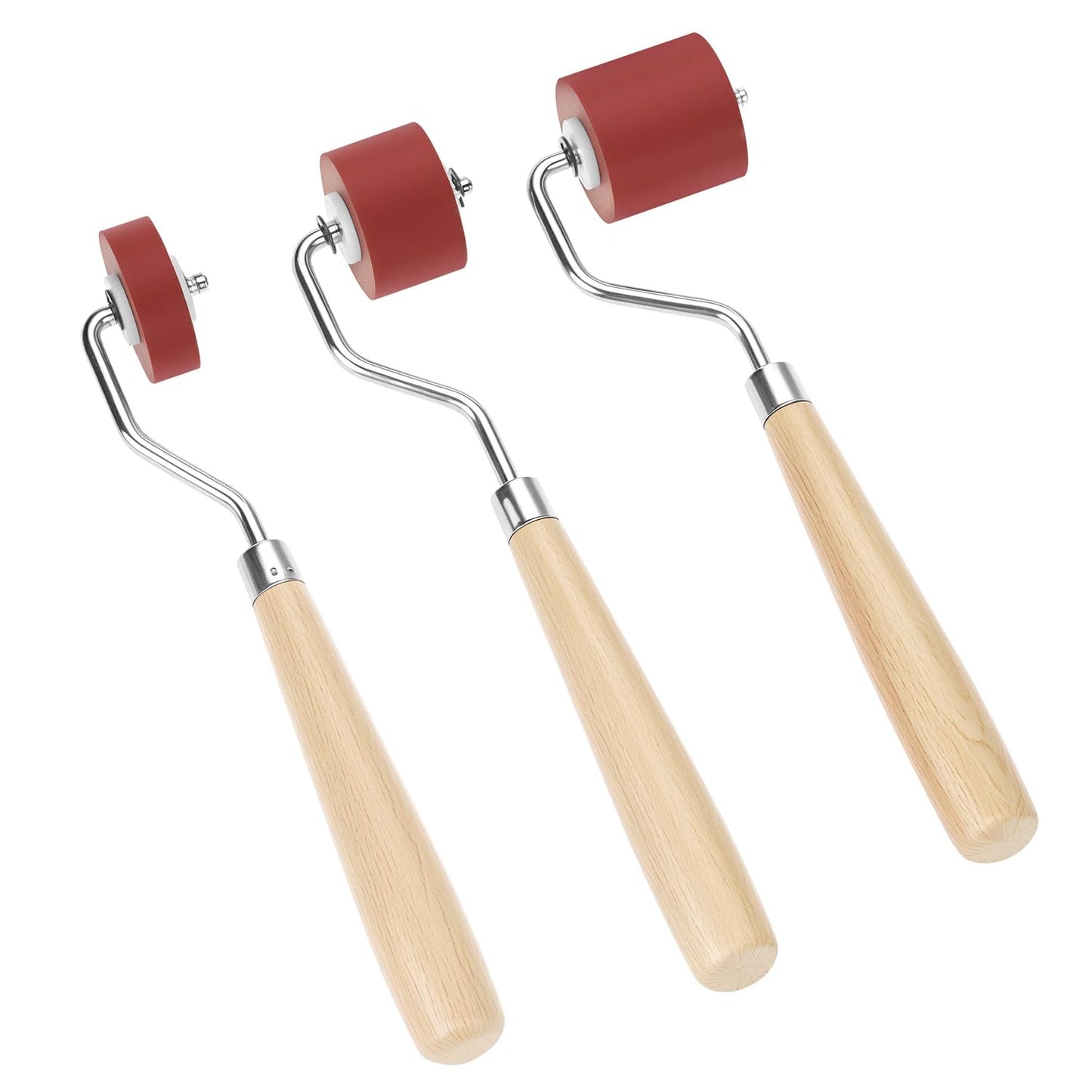 QWORK 3pcs Rubber Brayer Roller Set, 1.18" 0.78" 0.39" Mini Ink Rollers with Wooden Handle & Stainless Steel Frame for Printmaking, Stamping, Inking Blocks, Carving Surfaces