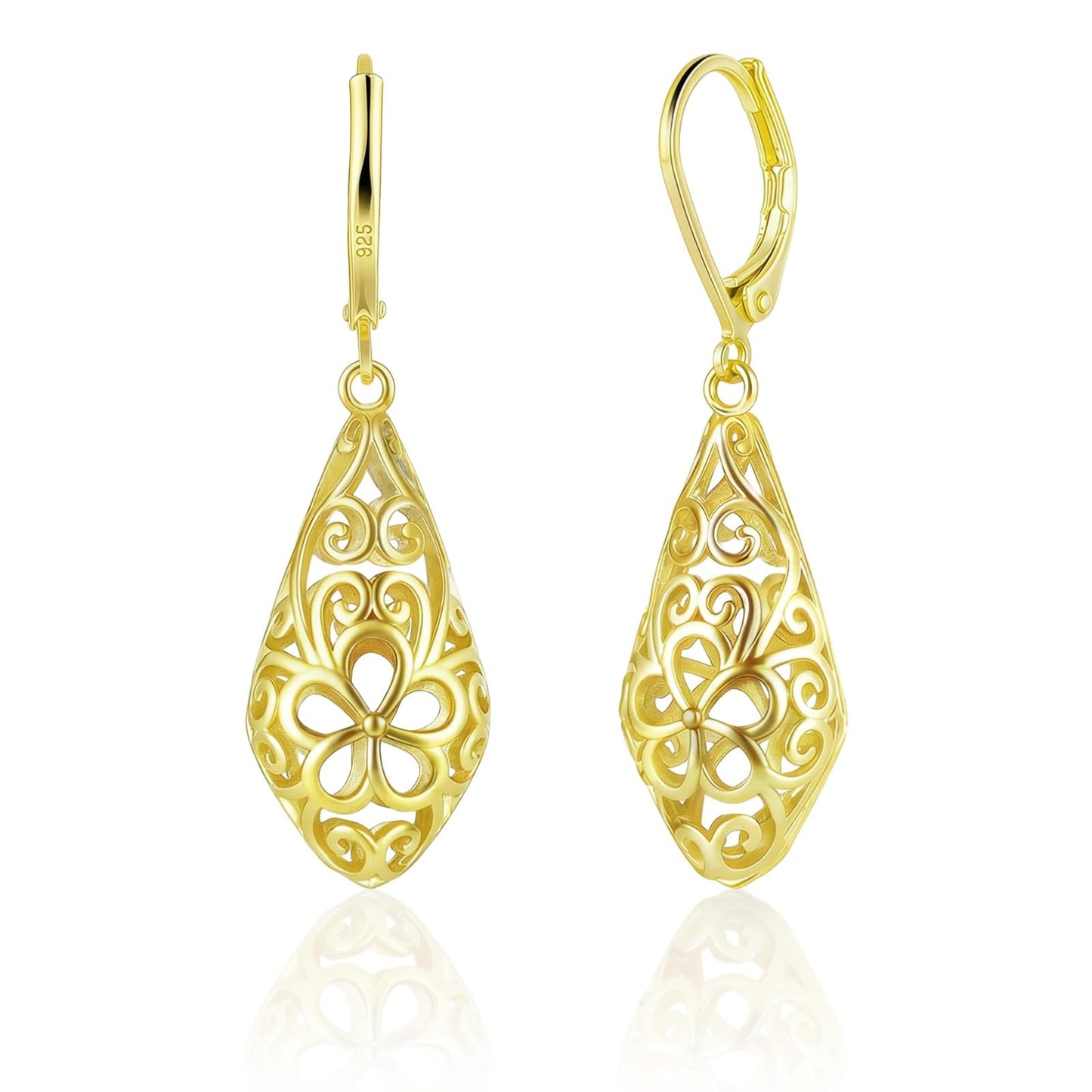 Rhombic 14K Gold Dangle Earrings for Women Hypoallergenic Filigree Leverback Drop Earrings Jewelry Gifts