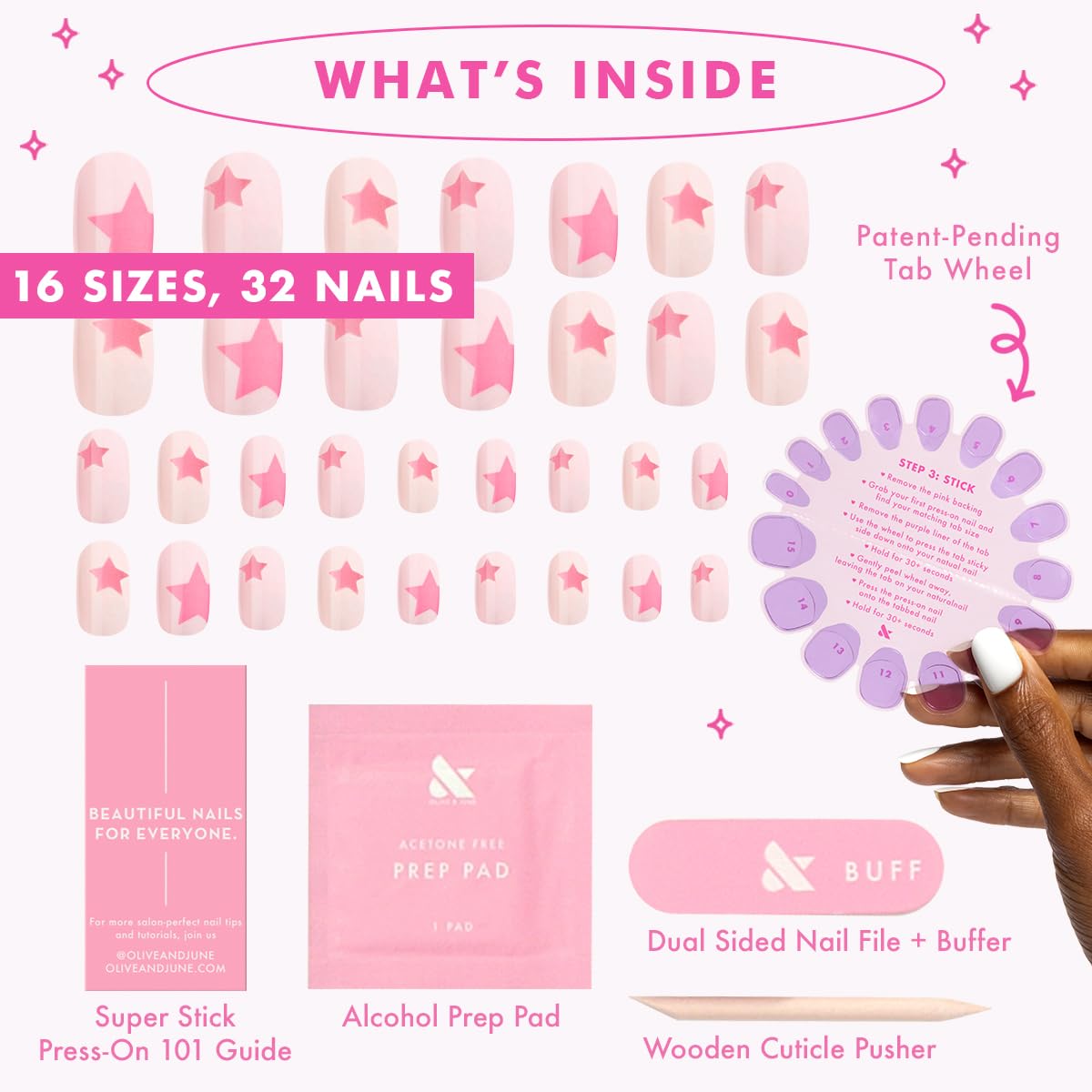 Olive & June Classic Super Stick Mani Press On Nails | No Glue Needed | 32 Tab Nails 16 Sizes | Non-Toxic Tabs Non-Damaging 7-Day Wear | Spring Flowers & Patterns | Extra Short, Round |Pink Star Party