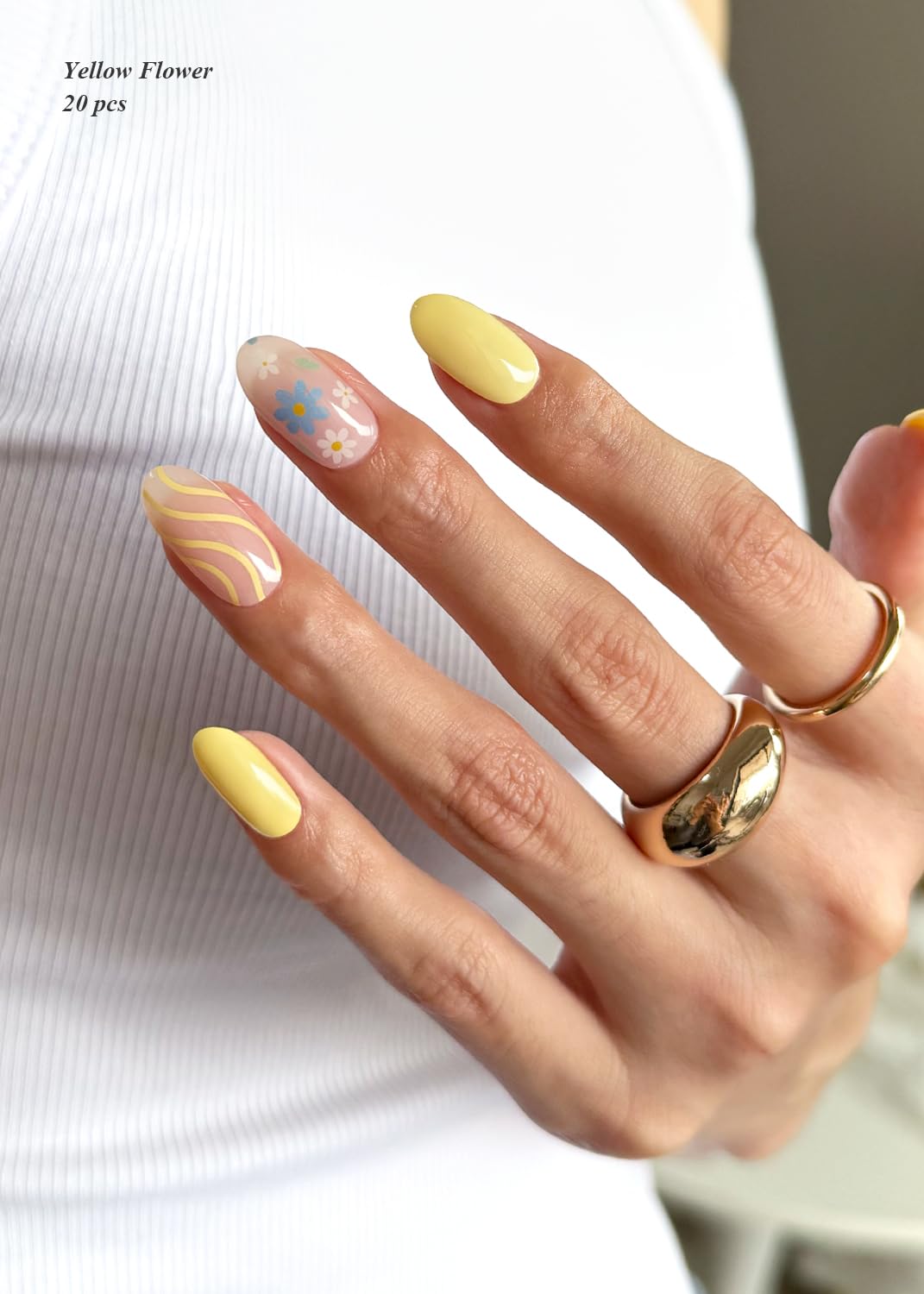 AutyaMee Semi Cured Gel Nail Strips (Yellow Flower), 20 Pcs Sping Gel Nail Wraps, Stickers, Salon Quality, Works with Any UV Lamps