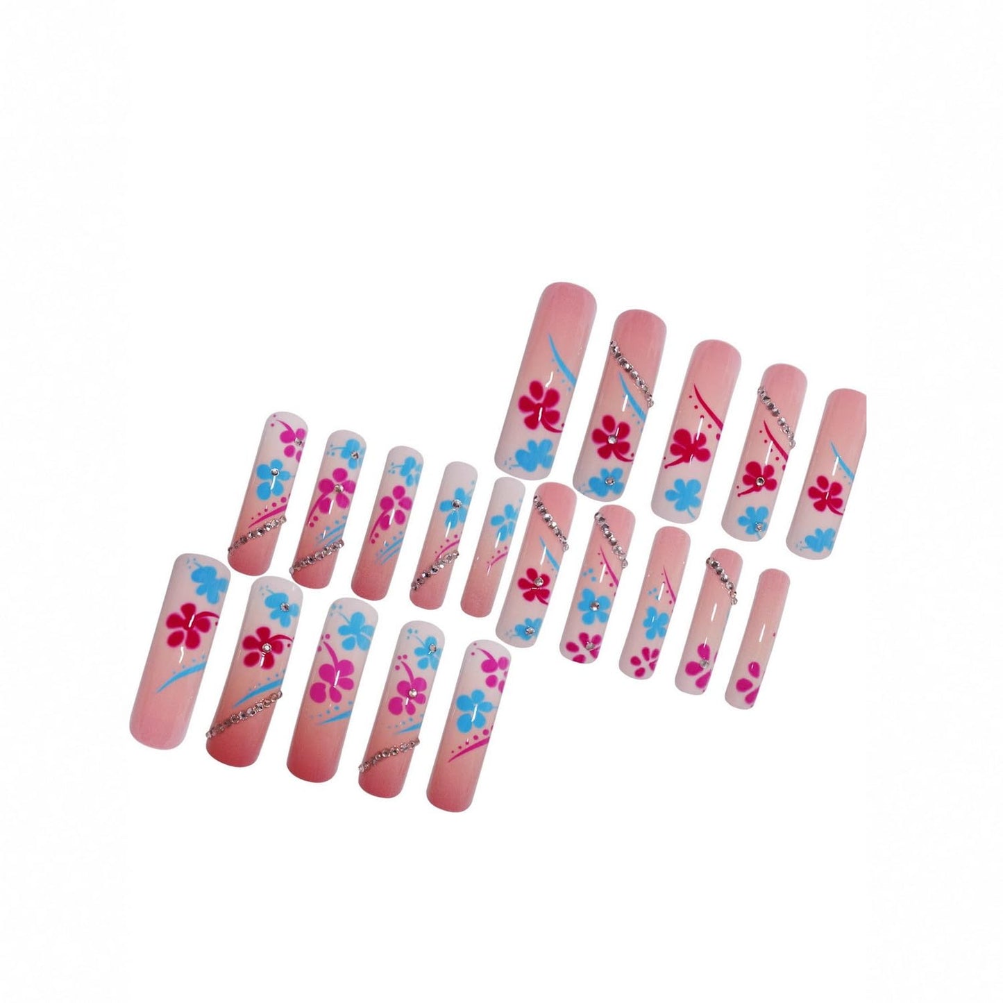 Curved Press on Nail Flower Fake Nails Extra Long Square Press ones Pink White Gradient with Rhinestones desigsn Blue Pink Floral Glue on Nails Glossy Acrylic Full Cover False Nails for Women24pcs