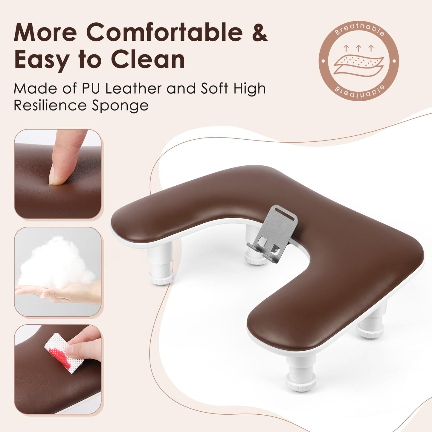 LIONVISON Arm Rest for Nails Tech: U Shaped Adjustable Height Ergonomic Nail Hand Rest Stand PU Leather with Rotating Phone Holder for Nail Salon Manicurist (Brown)