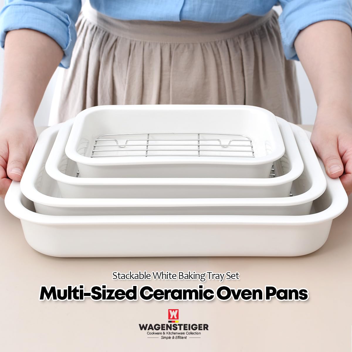Wagensteiger Ceramic Roasting Pan, Baking Dish with Stainless Steel Rack, Non Stick Chicken Roaster Pan, Microwave or Conventional Oven Cooking, Food Prep Tools, White Color (White, 2.94 Quarts)