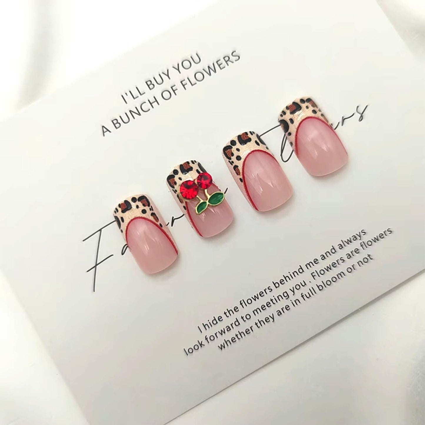 French Tip Press on Nails Square Medium Fake Nails with 3D Cherry Leopard Print Designs Glossy Glue on Nails Nude Full Cover Nails Press ons Fall Acrylic Artificial Stick on Nails for Women 24Pcs