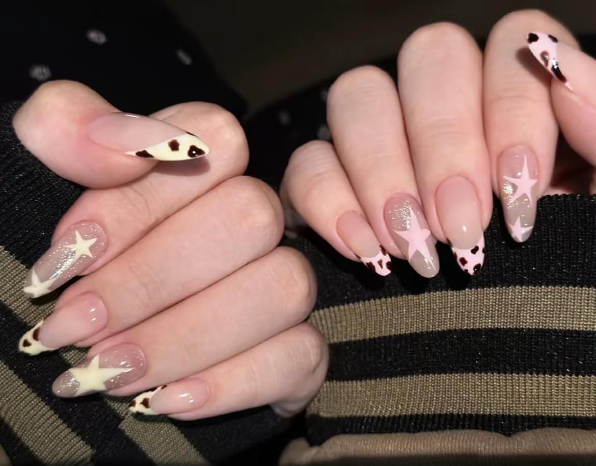 Handmade 10 Pcs French Pink Press on Nails Design Spring Acrylic Nail Art Kit Fake Nails Press ons Nail Tips Full Cover Leopard Print False Nails for Women Manicure (MT-112, M)