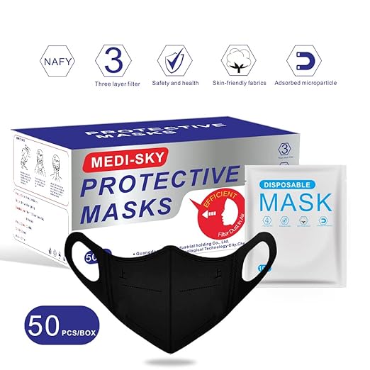 Medi-sky 3D Disposable Mask for Adults, Elastic Cloth Ear Straps Breathable Face Mask Individual Package 50pcs Black
