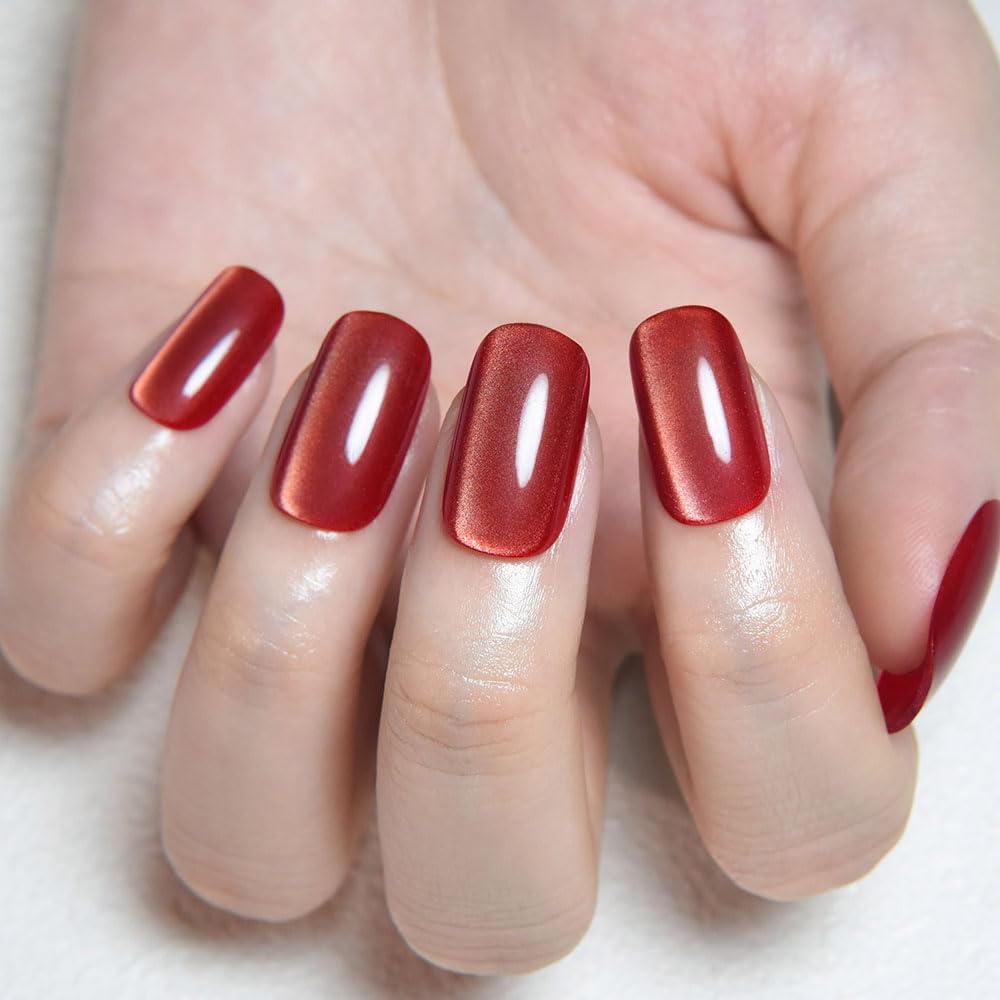 Red Cat Eye Press on Nails Medium Square, Medium Square Press Stick on Nails Chrome for Women Gift, Red Holographic Glitter Glossy Reusable Soft Gel Acrylic Fake Nail with Designs Cateye Effect