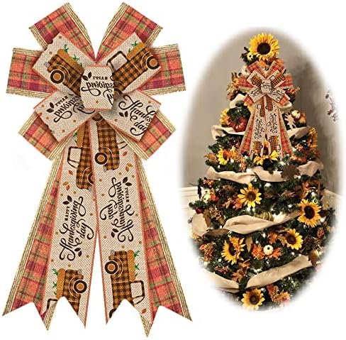Large Fall Bows for Wreath, Thanksgiving Truck Harvest Wreath Bows Orange Buffalo Plaid Bows for Front Door, Farmhouse Ornament Burlap Tree Topper Bows for Fall Indoor Outdoor Decoration