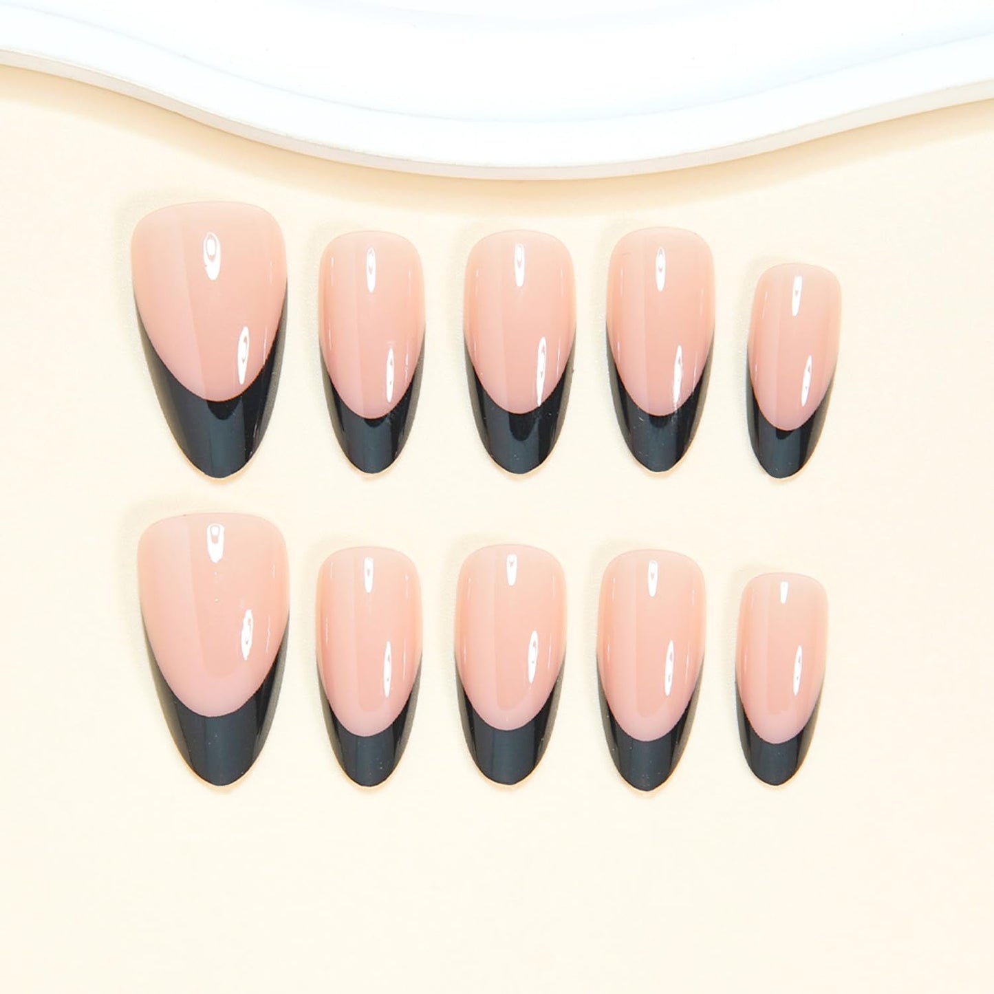 24Pcs Black Press on Nails with French Tip Design, Glossy Medium Almond Fake Nails French Nail Tips Solid Color Stick on Fingernails Nude False Nail Cute Exquisite Elegance Fashion Simple for Women