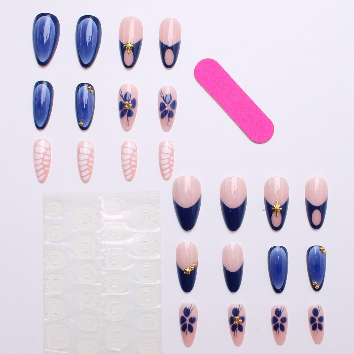 Blue Press on Nails - Medium Stiletto Fake Nails with Flower&Marble Designs False Nails French Tip Glue on Nails Reusable Full Cover Stick on Nails for Women Manicure 24Pcs