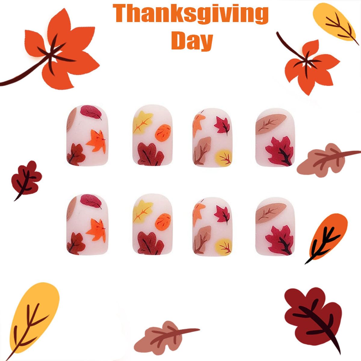 Fall Press on Nails Short Square Fake Nails Thanksgiving Nail Press ons with Autumn Maples Design,Matte Reusable Artificial Nail Full Cover Glue on Nail Stick on Nails for Women Manicure 24 Pcs