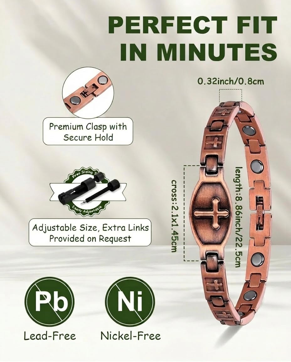 MagEnergy Copper Magnetic Bracelet for Women, Cross Copper Braceletwith 3500 Gauss Magnets, Christian, Adjustable (Sizing Tool)
