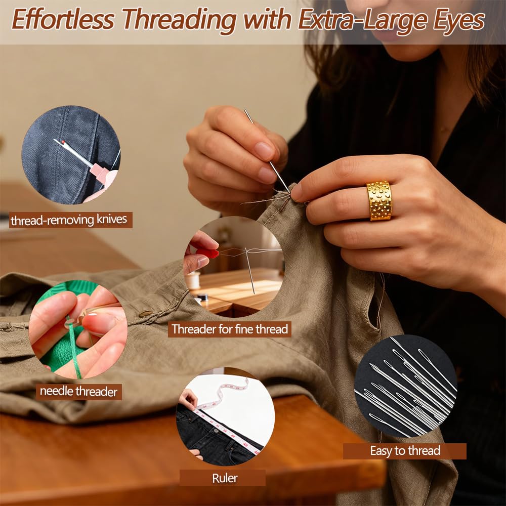 75 PCS Sewing Tool Set, Big Eye Steel Sewing Needles Kit with 10 Rolls Jeans Thread & Strawberry Pin Cushion Holder, Denim Needles Hand Repair Kit for Beginners, Portable DIY Travel Working