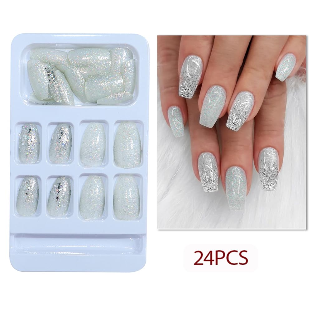 Hrnsnails Glitter Press On Nails Medium Coffin Fake Nails with Silver Bling Glitte Nail Press Ons Design, Artificial False Nails Press On Nail Kit Sparkly Sequins Stick On Nails for Women