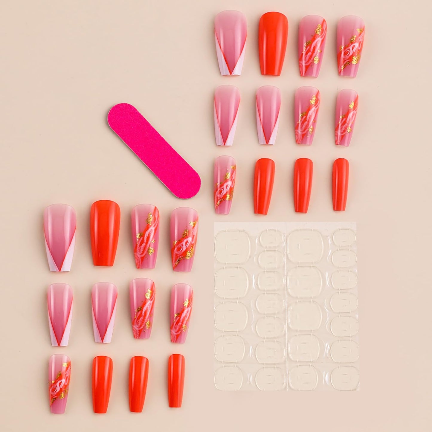 Vezocim Orange Press on Nails Square 24Pcs Glossy Full Cover Medium Acrylic Square False Nails with Marble Designs Artificial Coffin Fake Nails Glue Stick ons Fingernails with Charm for Women