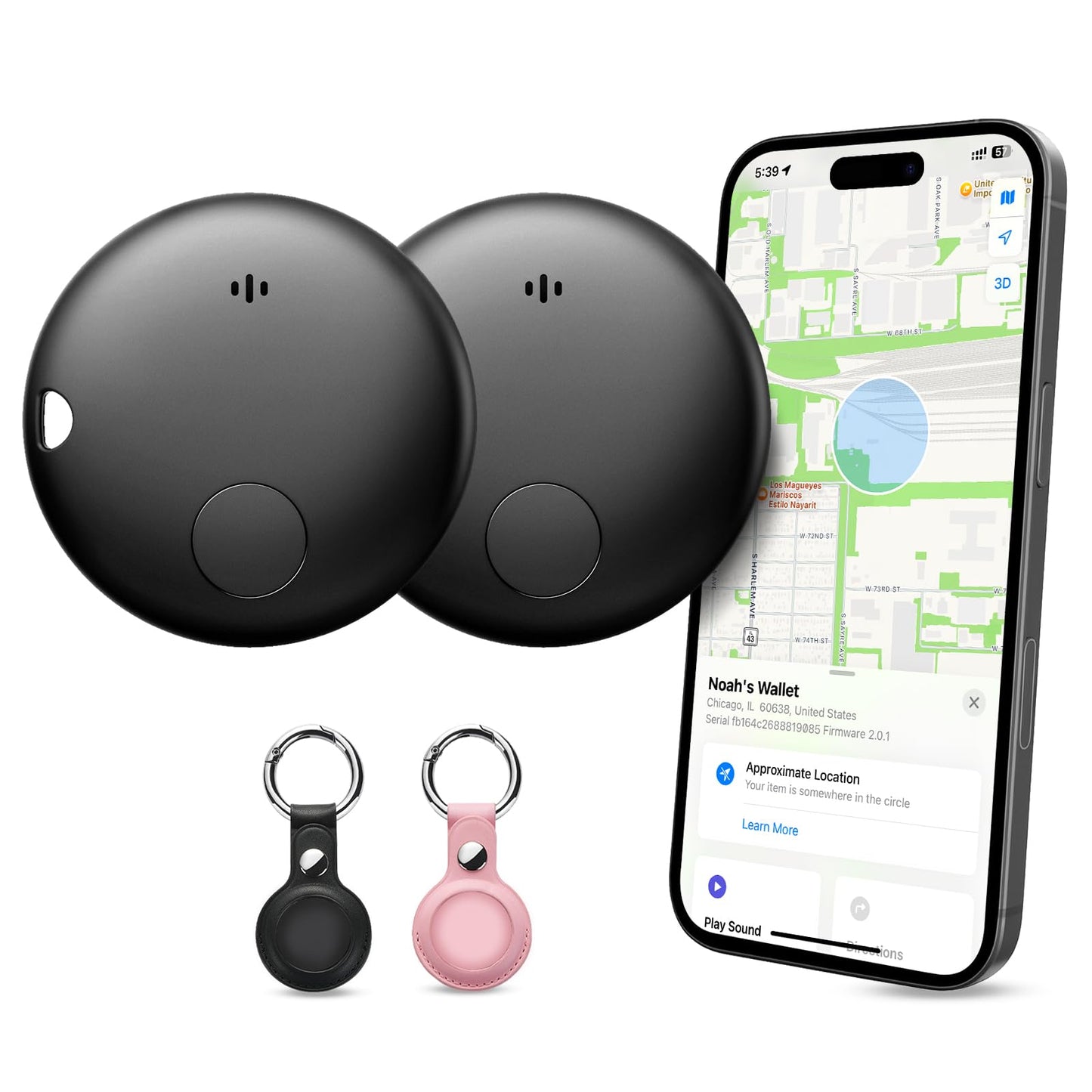 Smart Tracker, Item Finder Compatible with Apple Find My, Replaceable Battery, Water-Resistant, with Different Holder Cases, Loud Alarm, for Keys Luggage Backpack (iOS Only) 2 Packs