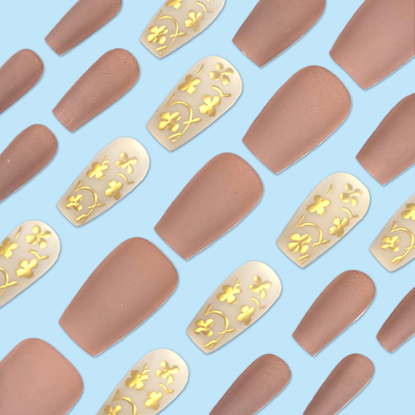 Vopintpy 3D Gold Flower Press on Nails Short Square Fake Nails with Design Matte Acrylic Glue on Nail Reusable Full Cover Artificial Stick on Nail for Women DIY Manicure