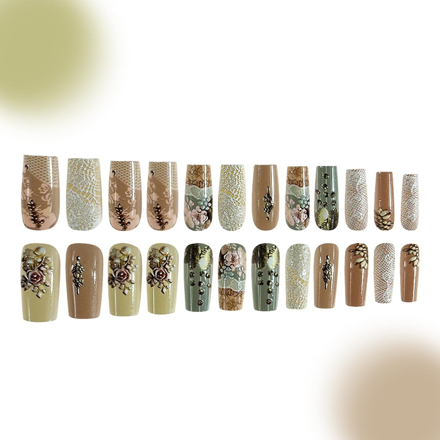 CJDLTS Flower Press on Nails Medium Ballet Shaped Rose Floral Lace Pattern Design Full Cover Glossy Acrylic False Nail Artificial Press Ons Fake Nail DIY Reusable Glue on Nails for Women 24Pcs