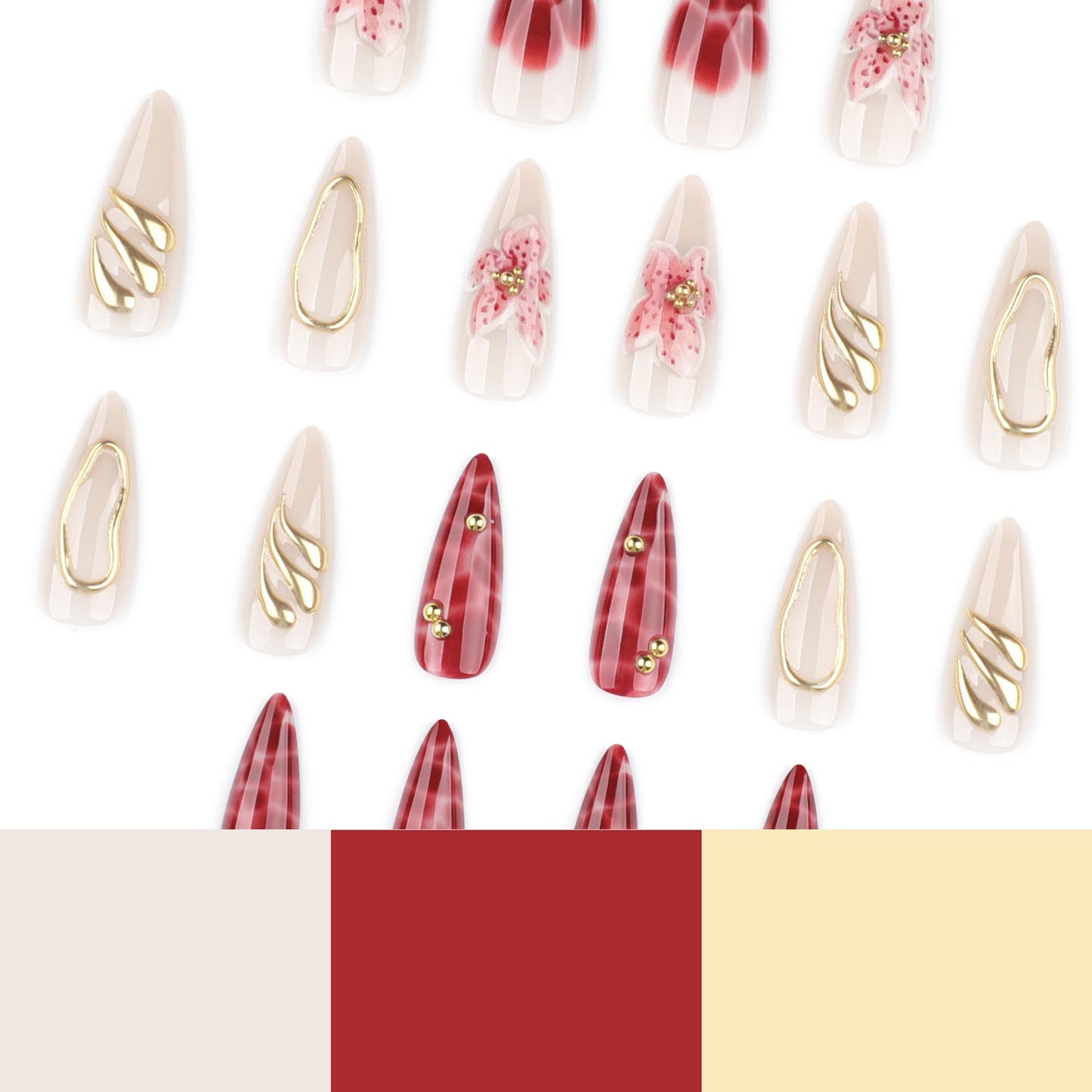 plalely Long Press on Nails Almond, Acrylic Press on Nails with Flower Designs, Long Almond Nail Tips for Women 24pcs