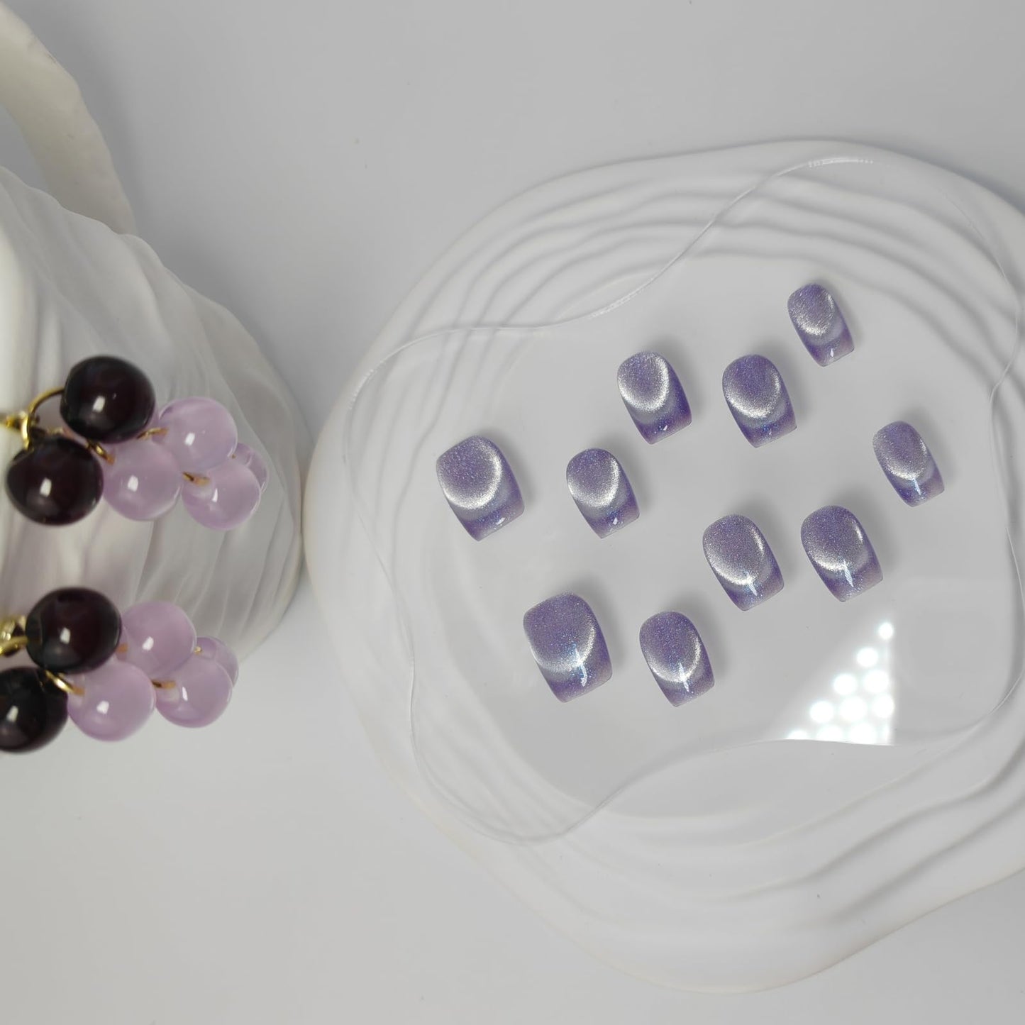 Cat Eye Press on Nails Handmade Short Oval/Square/Round False Nails with French Tip/Aurora/Magnetic Shimmer Designs (French#Grape Pop Rocks, Small)