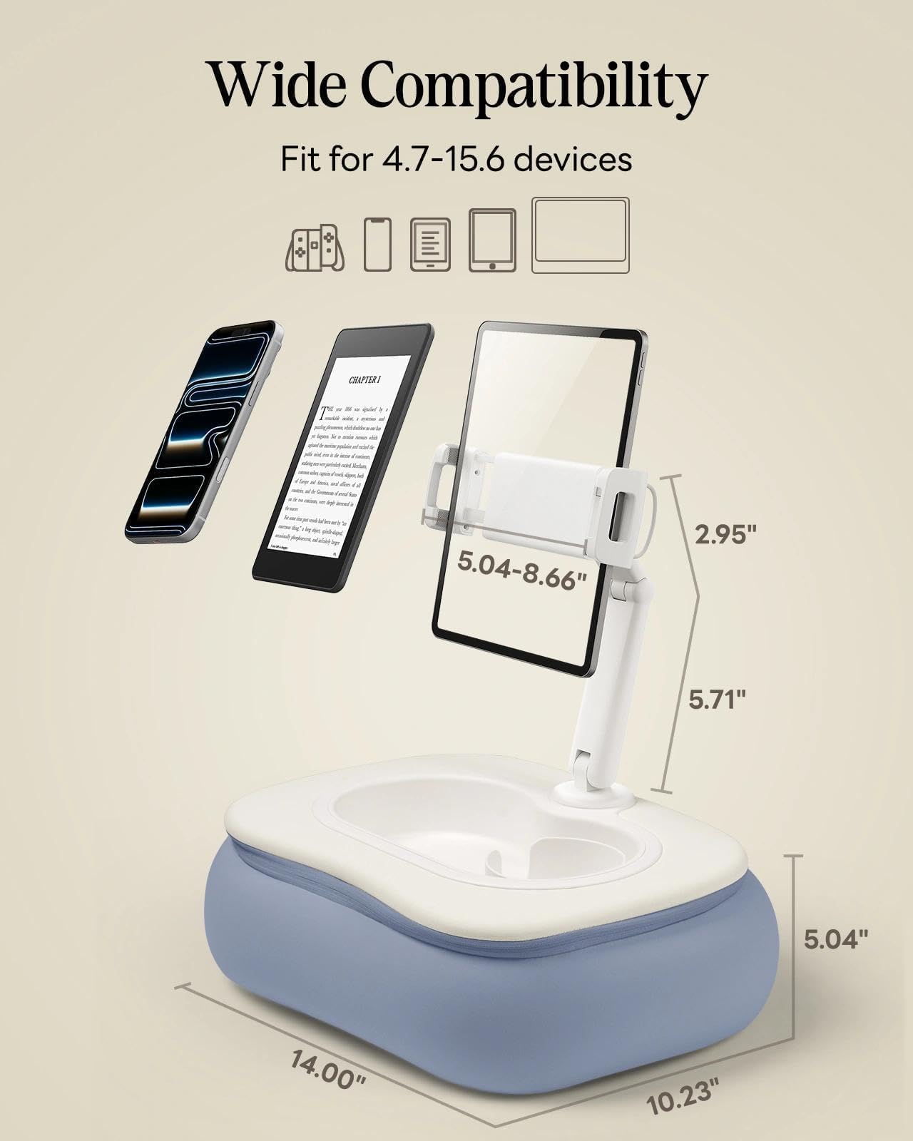 SAIJI Tablet Pillow Stand for Bed, Stable iPad Holder with Food-Grade Snack Bowl, Adjustable Kindle Pillow Stand for Reading, Suit for 4.7-15.6" Kindle,iPad,iPhone,Tablet,Blue