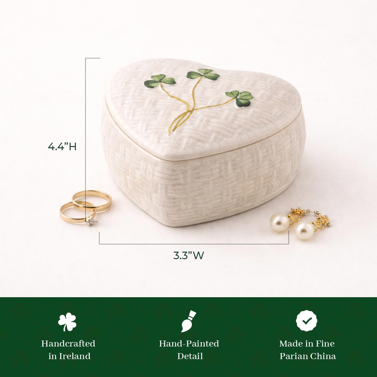 Belleek Kylemore Small Trinket Box - Handcrafted Decorative Storage - Porcelain Shamrock Irish Decor, 3.3 x 4.4 Inches, White