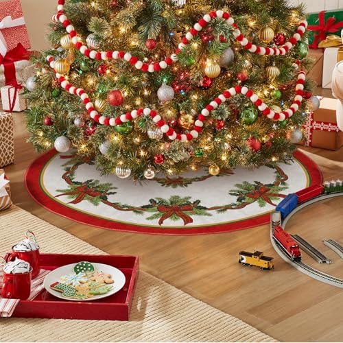 AVOIN colorlife Christmas Tree Skirt 48 Inch, Christmas Ribbon Holly Winter Holiday Tree Mat Decoration