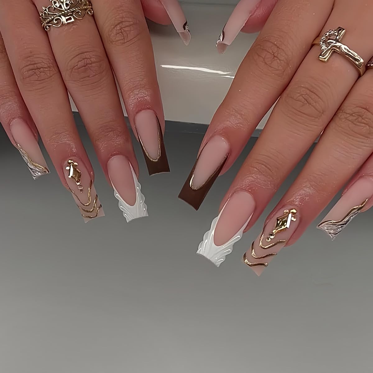 Long Square Press on Nails French Tip Fake Nails Brown Fall False Nails Press ons Gold Line Acrylic Nails Matte Finish Stick on Nails for Women Manicure 24Pcs