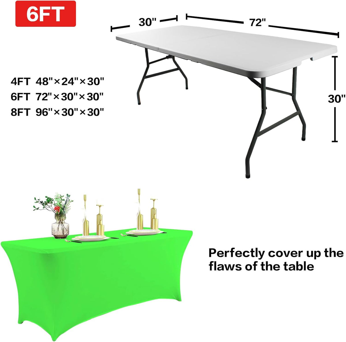 IVAPUPU 2 Pack 6FT Table Cloth for Rectangular Fitted Events Stretch Green Washable Table Cover Spandex Tablecloth Protector for Party, Wedding, Cocktail, Banquet, Festival
