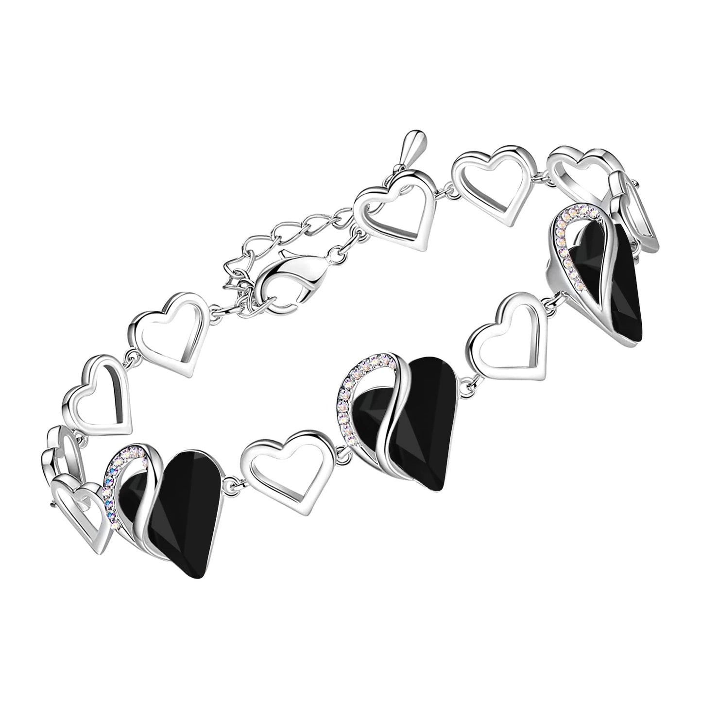 Leafael Infinity Love Heart Gift Bracelet for Women, Healing Stone for Protection, Jet Black, Silver Tone, 7-inch Chain and 2-inch Extender