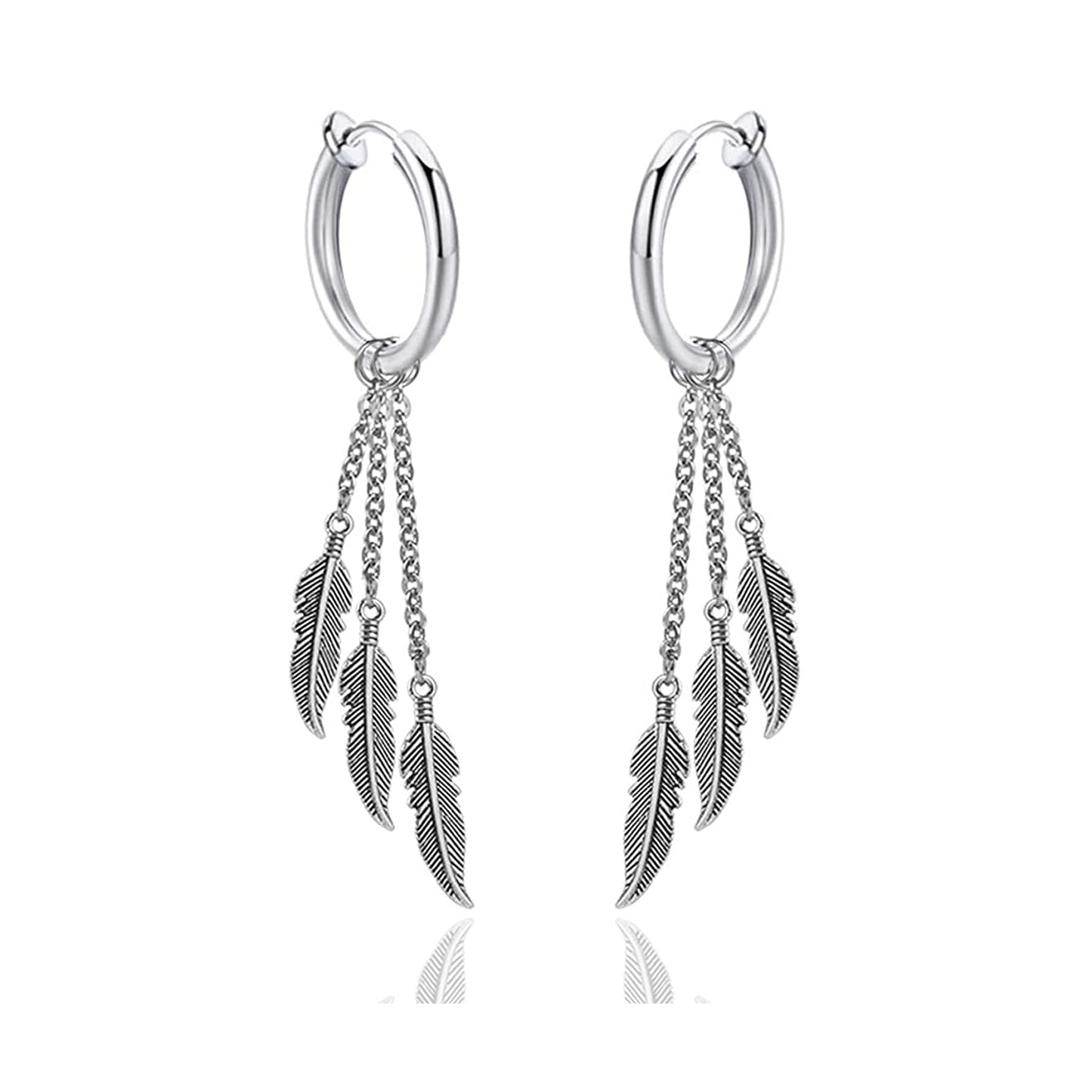 Fusamk Punk Rock Stainless Steel Feather Drop Dangle Earrings Huggie Hinged Hoop Earrings,2PCS