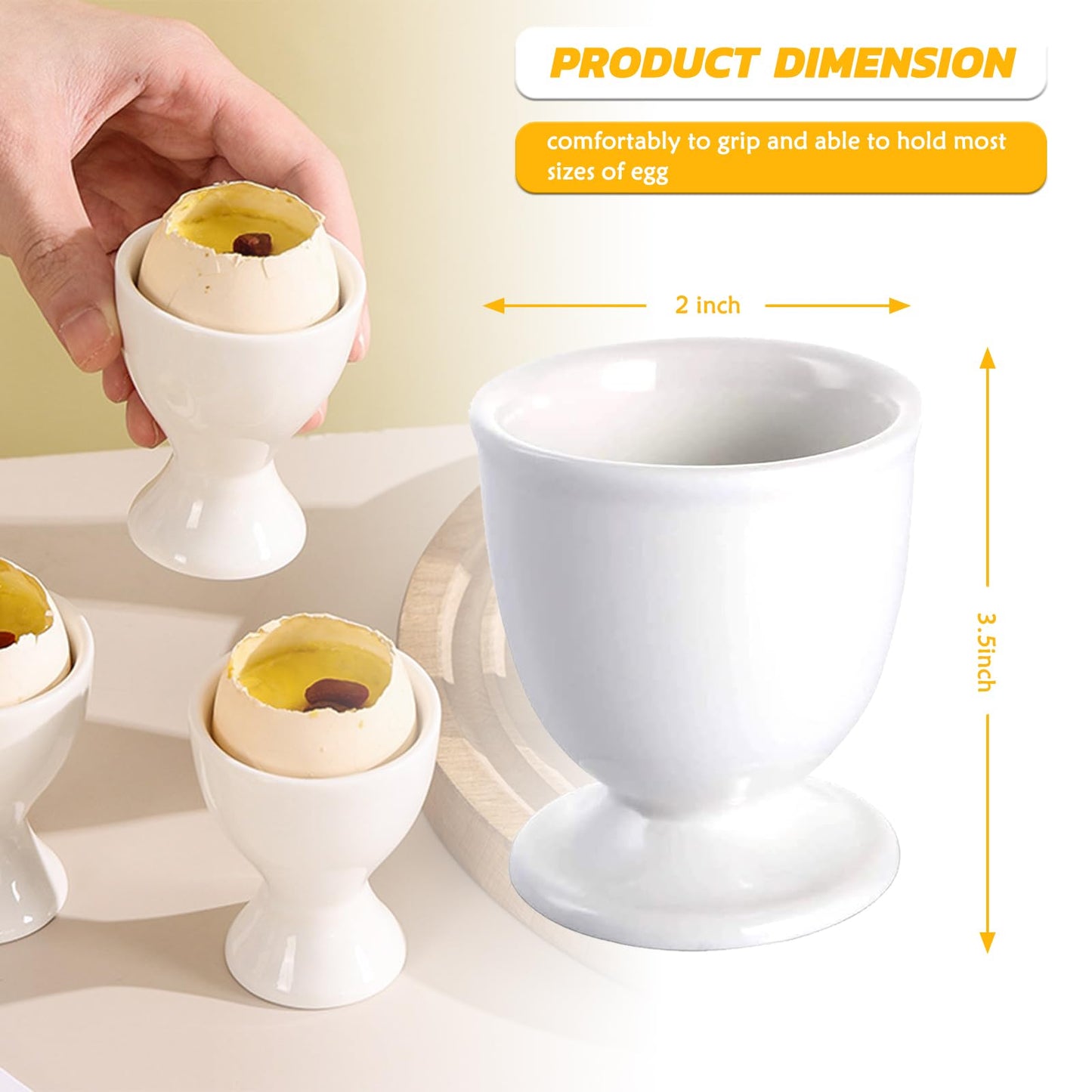 RHAFAYRE Egg Holder for Boiled Eggs, 6 Pack Porcelain Egg Cups with Spoons for Soft Hard Boiled Eggs Breakfast Dinner, 3.5" White