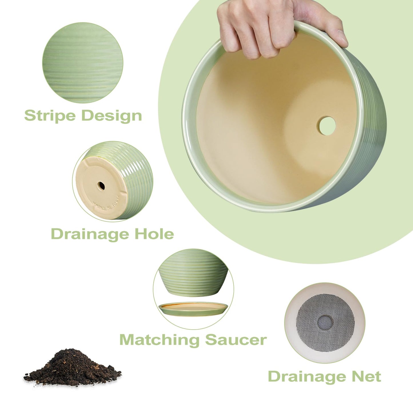 EPFamily Ceramic Plant Pots - 6 Inch Ceramic Planter with Drainage Hole and Saucer, Modern Planters for Indoor Outdoor Plants, Round Flower Pots, Office House Decor, Gifts for Women Men, Bright Green