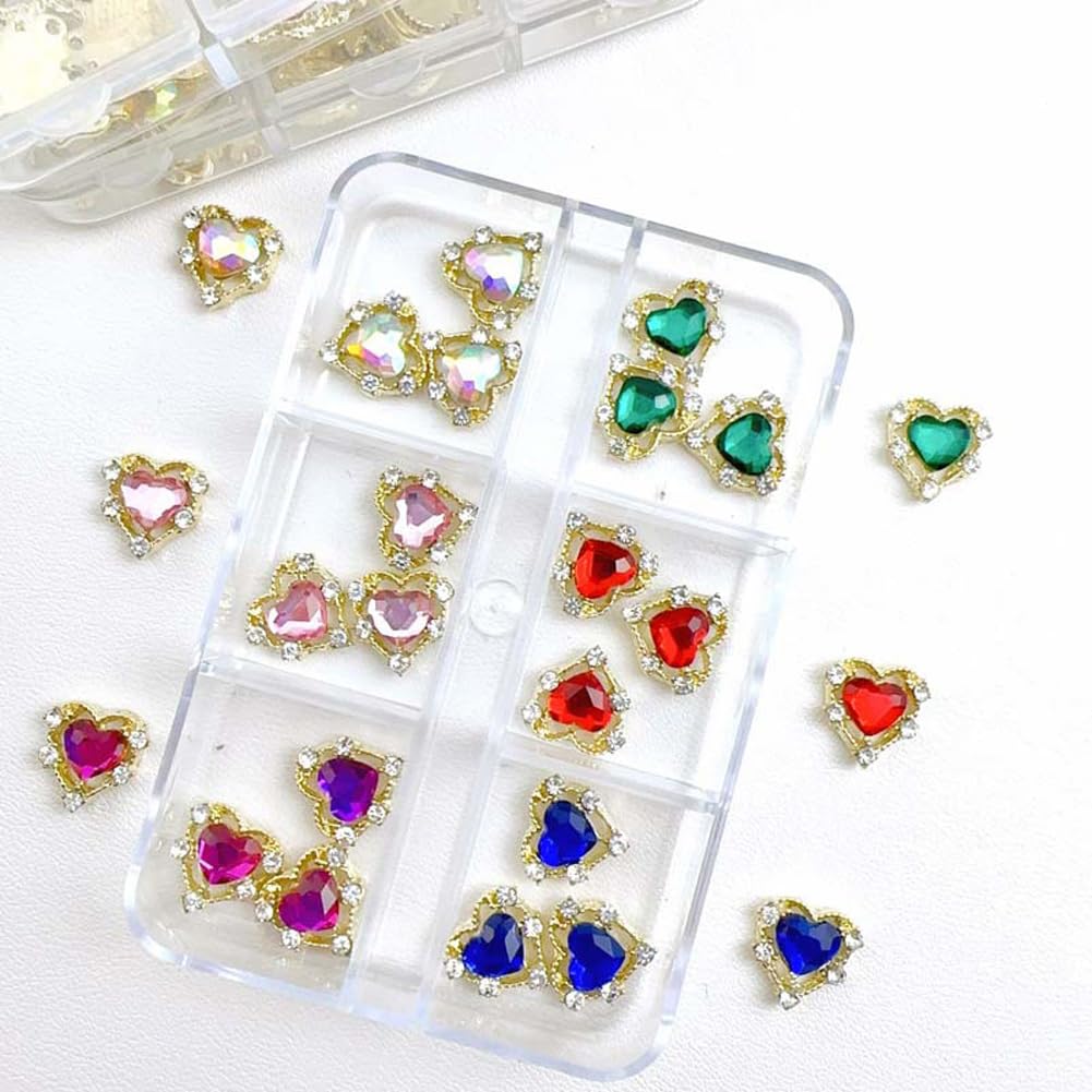 3D Heart Shape Nail Charms Luxury Shiny Alloy Rhinestone Golden Nail Crystal Diamonds Jewelry Studs Decoration 30PCS