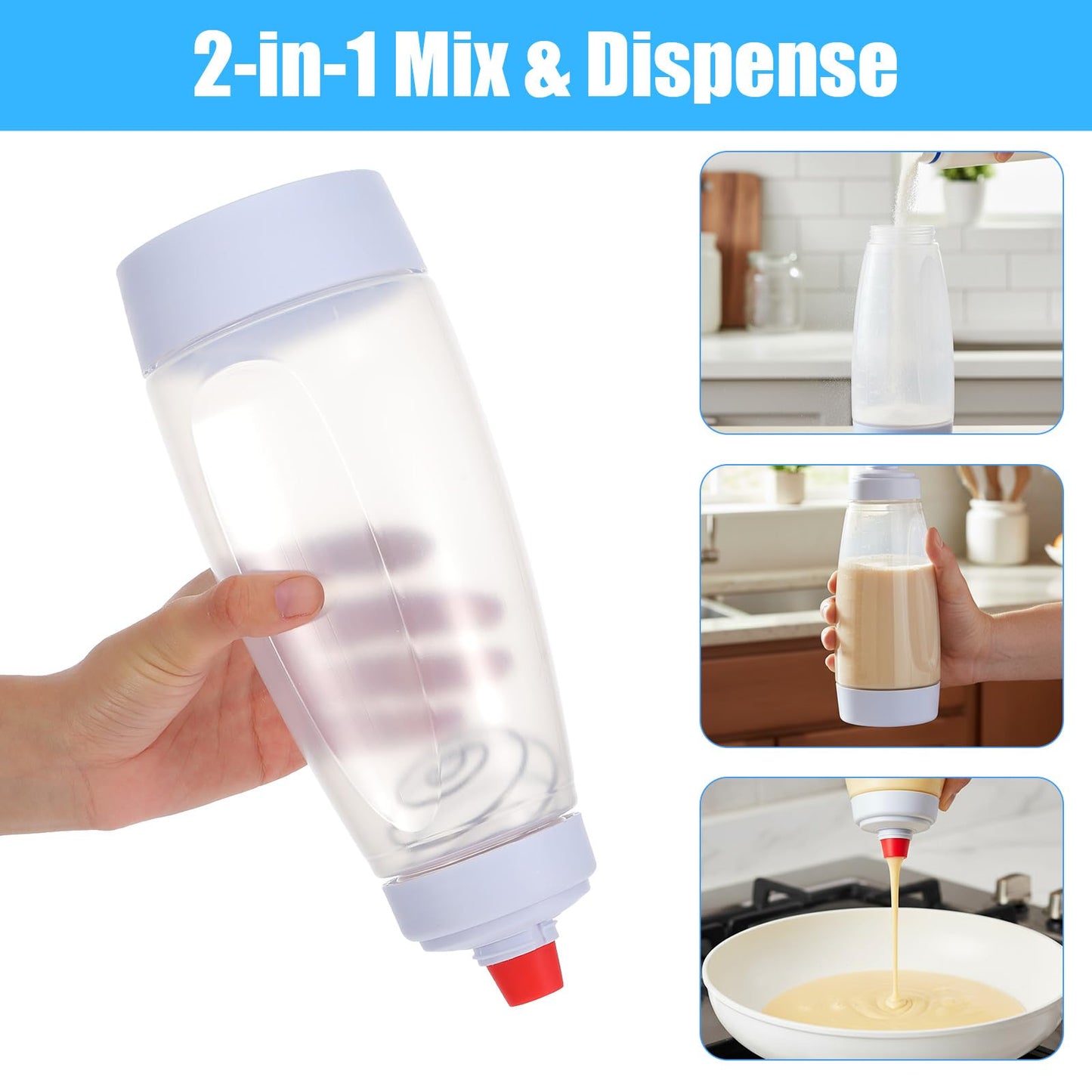 2-Pack Pancake Batter Dispenser and Mixer Bottles with Whisk Balls, 1000ml Large Capacity Squeeze Bottle for Pancakes, Cupcakes, Muffins, Crepes - Dishwasher Safe Baking Tool