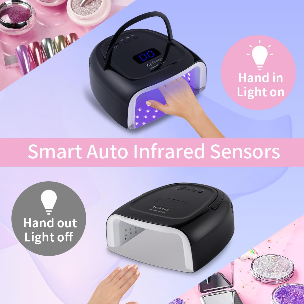 Ayshone Rechargeable LED Gel Nail Lamp, 60W Cordless UV Led Nail Light with Lifting Handle Touch Sensor LCD Screen (Black)