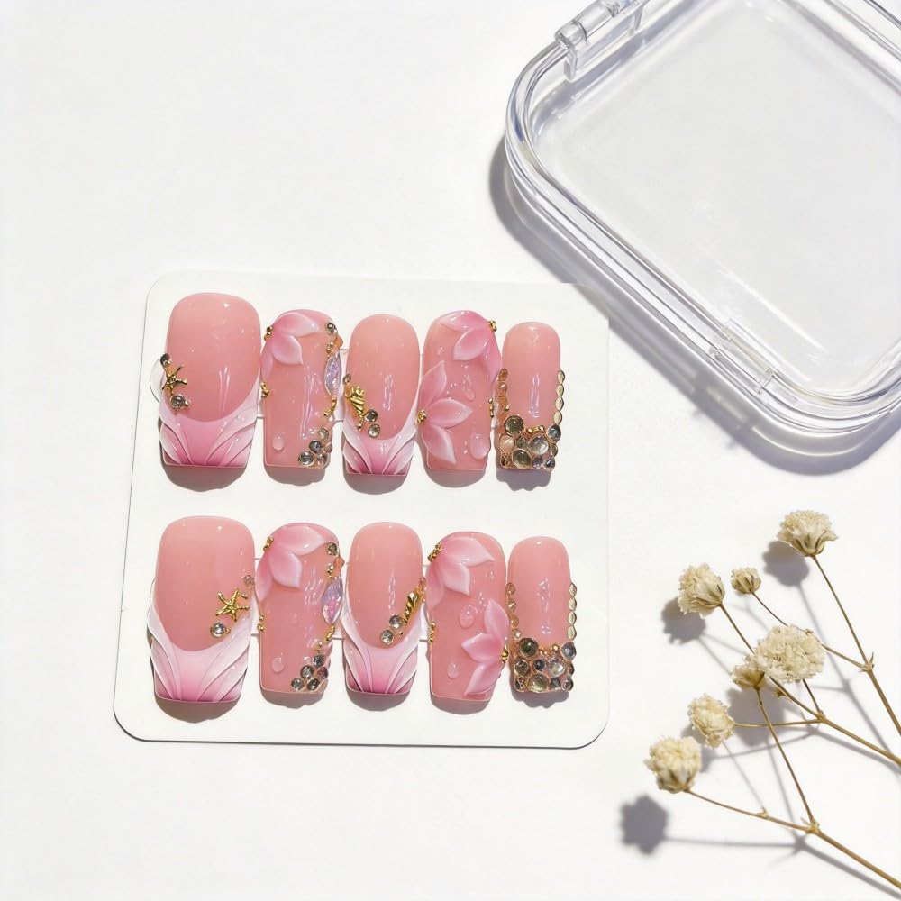 Vokupoga Handmade Press on Nails Square Medium French Tip Fake Nails with 3D Rhinestones Flower Designs Summer Glossy Acrylic Nails for Women 10Pcs(Size M)